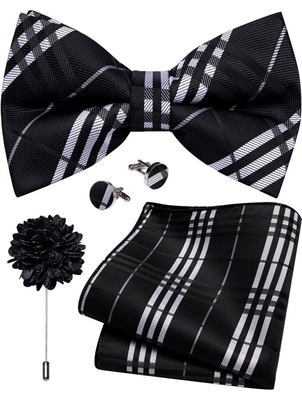 5241 Black White Bow Tie Plaid Pre-tied Tuxedo Bowties Pocket Square